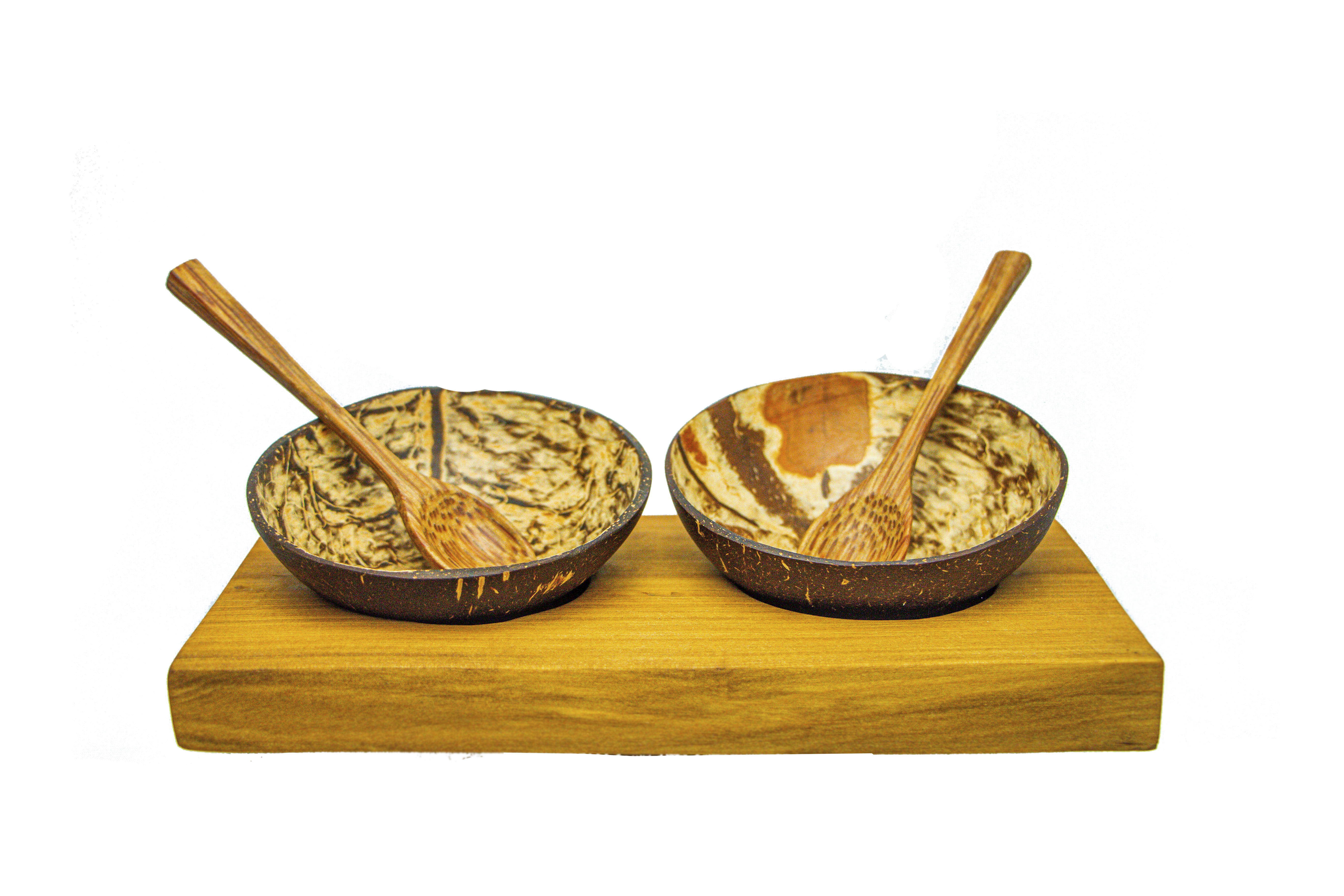 Two Coco Bowls with Wooden Frame and Spoons