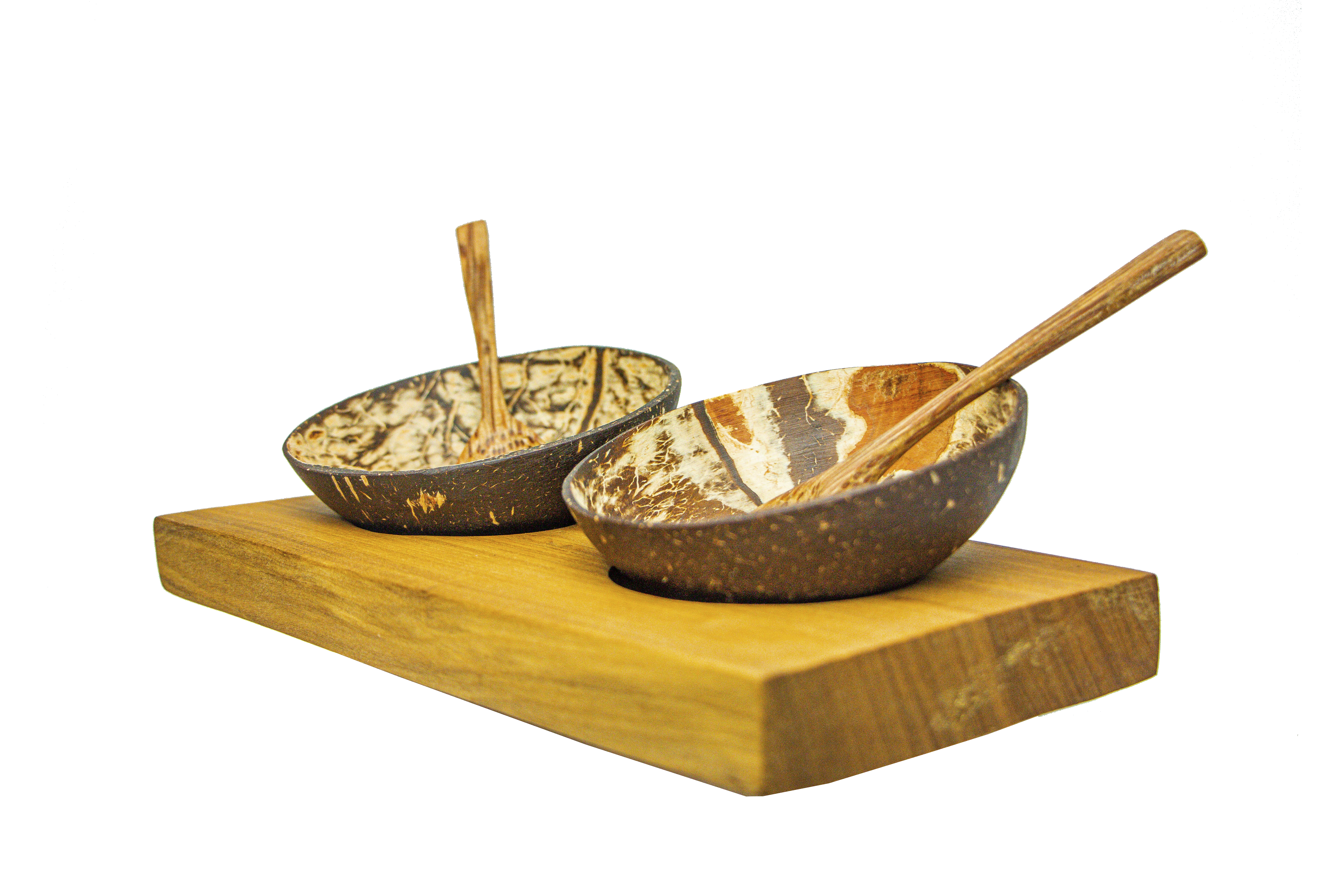 Two Coco Bowls with Wooden Frame and Spoons