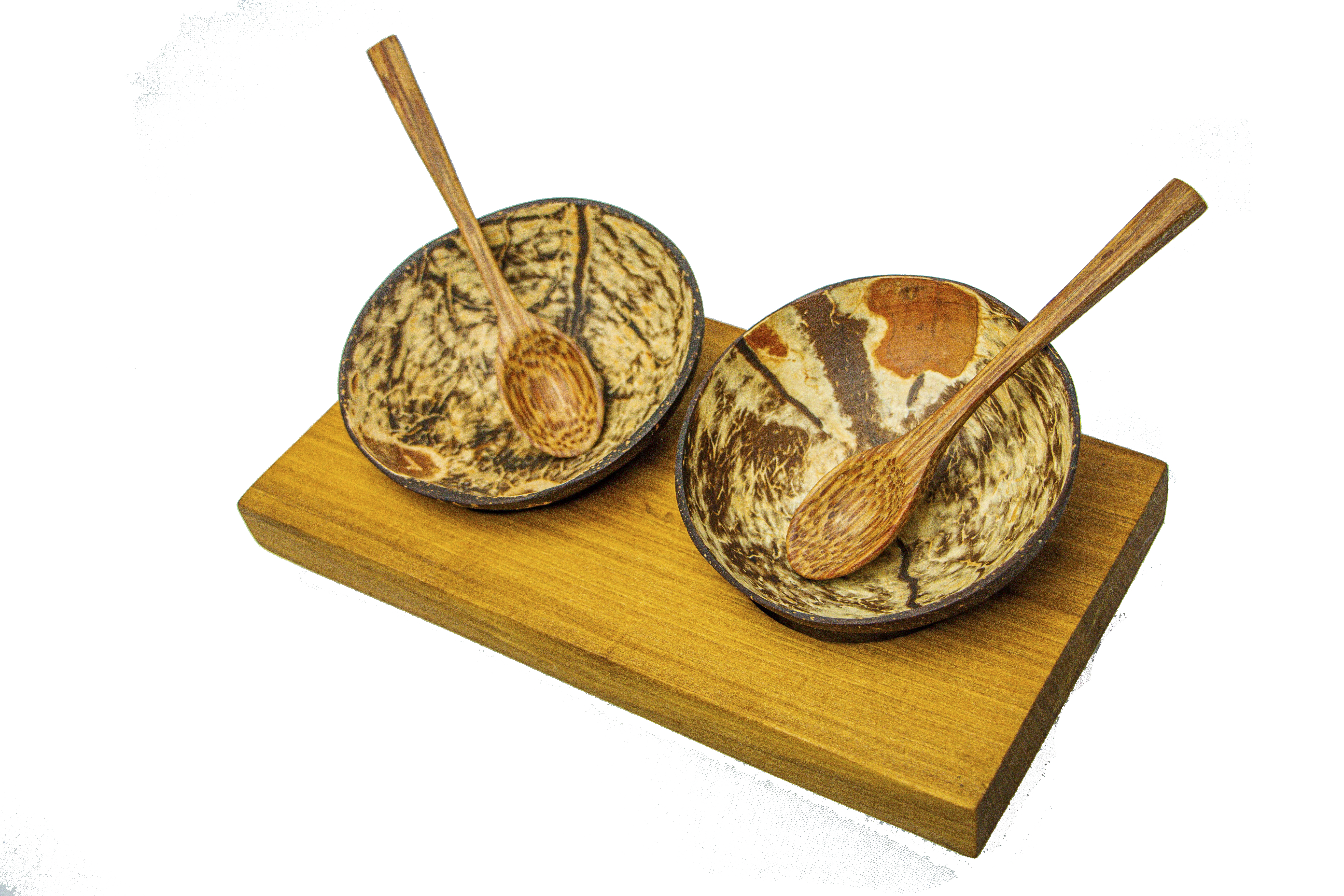 Two Coco Bowls with Wooden Frame and Spoons